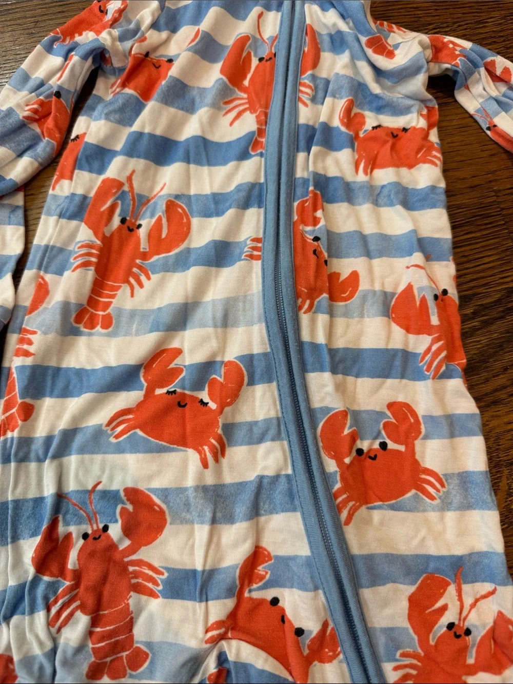 Little Sleepies Blue & White Striped Footie with Red Lobsters